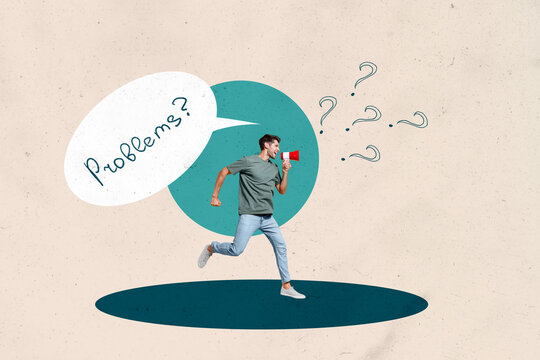 Creative collage showing confused man woman with question marks speech bubble illustrating mental overload life problems