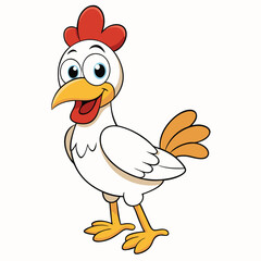 Cheerful White Chicken Cartoon Character with Red Crest on White Background