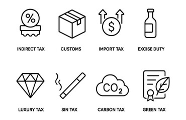 Tax and finance outline icon set. indirect, custom, import, excise, green tax icons