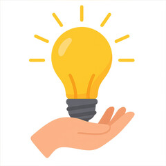 Photo of a glowing yellow lightbulb held in an open hand, symbolizing a bright idea, innovation, and creativity, isolated on transparent background