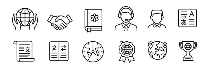 Language and communication outline icon set. education, translation, interpretation