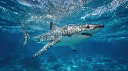 Fototapeta premium A large shark swims gracefully in crystal clear blue waters, showcasing its sleek body and powerful fins. Sunlight filters through the ocean surface, illuminating the underwater scene