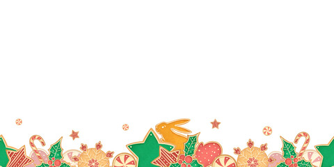 The seamless horizontal border of gingerbread on a white background. Children's style watercolor holiday's illustration.