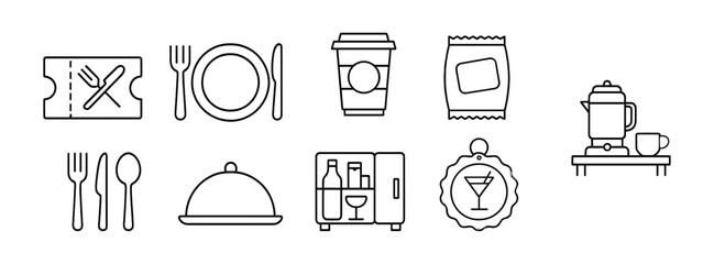 Dining essentials icon set in linear style. kitchen, cutlery, beverage, accessories