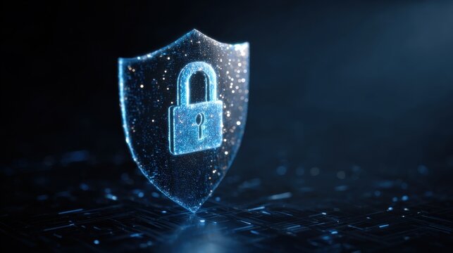 A glowing digital shield displays a padlock in the center, representing security and protection in the cyber world. The background features a dark, technological design that enhances the theme