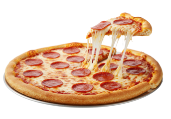 A whole photorealistic pepperoni pizza with golden crust and melted mozzarella. A clean hand lifts a slice, creating a dramatic cheese pull on a white studio background, concept for food advertising