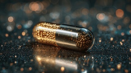 A metallic capsule rests on a smooth surface, revealing its transparent top filled with sparkling gold beads. The lighting creates a mesmerizing glow around the capsule