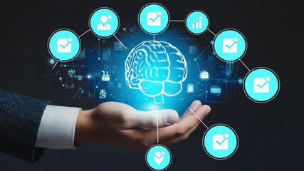 Close-up of hand cradling glowing holographic brain with neural network patterns and connected tech icons in futuristic digital concept video - Powered by Adobe