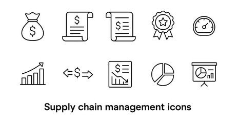 Supply chain management linear icon set. logistics, distribution, analytics icons