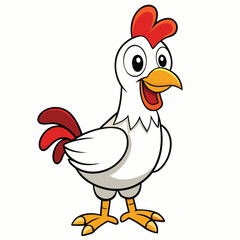 Cheerful Cartoon Chicken Character with Red Comb on White Background Design