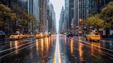 Rain falls on a bustling New York City street filled with yellow taxis and wet pavement reflecting the tall skyscrapers around
