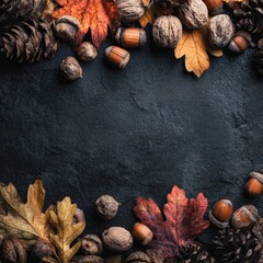A collection of autumn leaves walnuts acorns and pine cones are arranged on a dark stone background