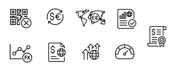 Currency exchange linear icon set. global finance, forex, economy symbols outline style