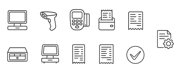 Retail and point of sale outline icon set. checkout, barcode, receipt icons collection