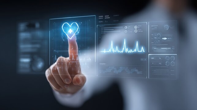 A person interacts with a holographic health interface featuring a heart icon and vital signs. The setting highlights advanced healthcare technology