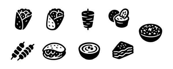 Food and culinary solid icon set. tacos, shawarma, and more food symbols