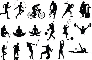 sports, silhouette, athlete, running, cycling, yoga, tennis, weightlifting, swimming, football, basketball, baseball, archery, skipping, exercise, fitness, training, workout, competition, activity
