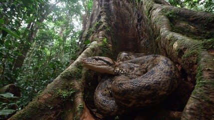 Naklejka premium A large snake rests on the exposed roots of a massive tree surrounded by thick foliage in a vibrant rainforest. Sunlight filters through the leaves, highlighting the snake's scales