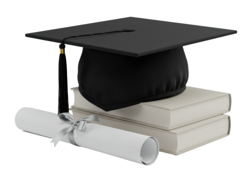 Photorealistic black mortarboard with gold band, black tassel, resting on white diploma/neutral books, against clean light grey studio background. Concept of academic achievement