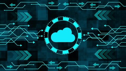 Futuristic digital network data flow with glowing cyan arrows and cloud icon on dark tech - Powered by Adobe