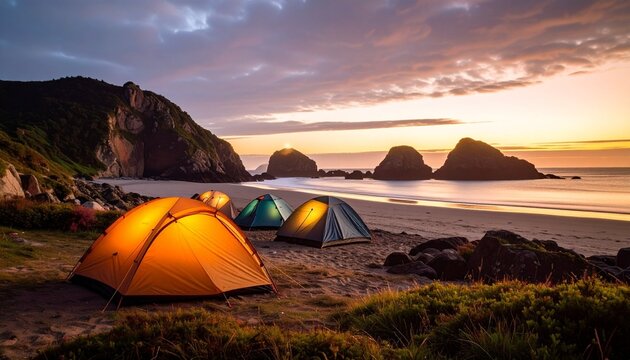 tent on the beach at sunset