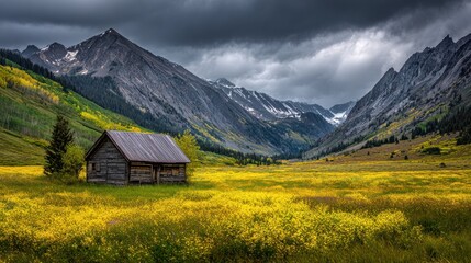 Obraz premium Rustic wooden cabin stands alone in a vibrant flower-filled meadow, framed by majestic mountains under a moody sky, showcasing the beauty of nature in late afternoon