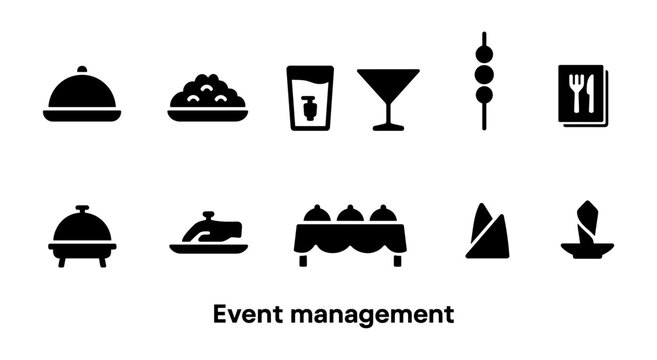 Event management solid icon set. catering, dining, banquet icons solid collection
