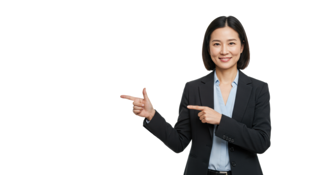 A confident corporate professional in smart business casual, pointing left and right, with a subtle smile on a transparent studio background, high-key soft lighting, concept of strategic choice