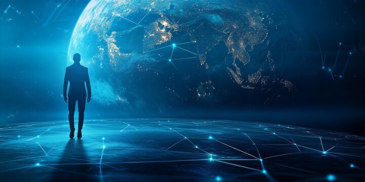 Silhouette exploring digital connectivity within global networks and technological advancements.