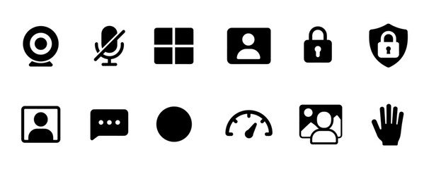 Communication and security solid icon set. webcam, microphone, privacy shields collection
