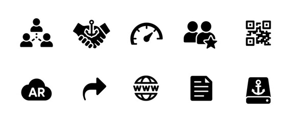 Business and technology solid icon set. includes communication, qr, and data symbols.
