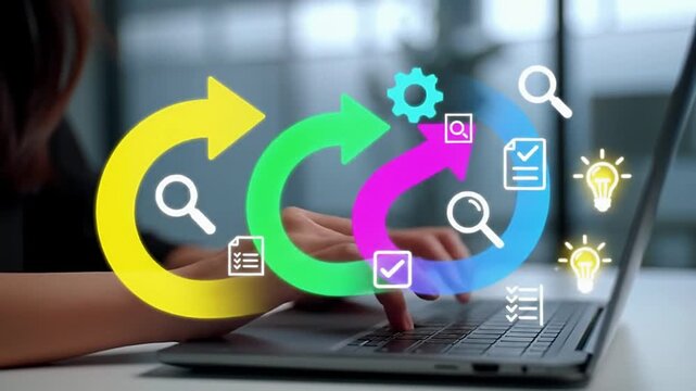 Feedback loop for continuous improvement Business decision-making strategy. OODA and PDCA cycles. Businessman using laptop computer to manage project.