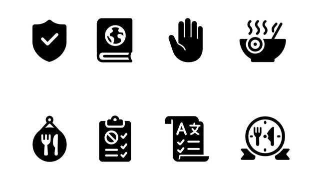 Security and food solid icon set. protection, dining icons solid collection