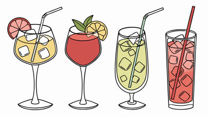 Refreshing summer cocktails illustration: alcoholic drinks with ice and fruit garnish vector design set