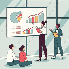 Business presentation with charts and graphs presented to seated colleagues in a modern office space setup
