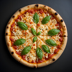 Whole Margherita Pizza with Fresh Basil Leaves and Melted Cheese on Black Background