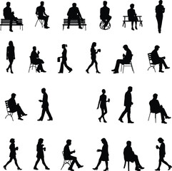 Obraz premium people, silhouette, sitting, walking, men, women, coffee, bench, chair, outdoor, park, relaxing, talking, mobile, phone, casual, conversation, vector, black, isolated
