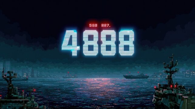 Pixelated, futuristic naval scene.  High score 4888 displayed - Powered by Adobe