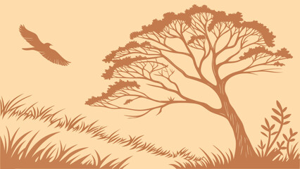 Savanna landscape illustration with acacia tree, flying bird, and grass in brown and beige color palette