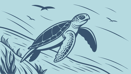 Sea turtle swimming ocean life wildlife marine animal aquatic reptile underwater illustration graphic design art