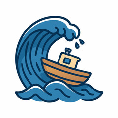 Cartoon boat riding a large ocean wave with droplets splashing off, symbolizing adventure and power.