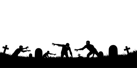 Spooky Zombie Silhouettes Rising from Graves on White Background