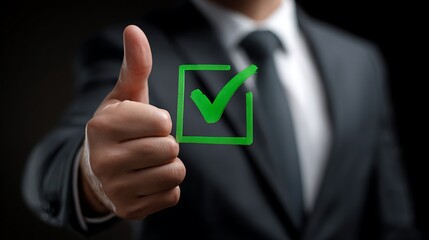 Businessman with green compliance tick symbol for certification and audit concept.