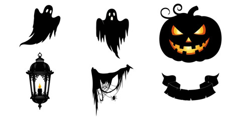 Fototapeta premium Spooky Halloween Silhouettes of Lanterns, Ghosts, and Torn Cloth Banners