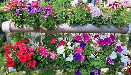 Multi ColorPetunia Flowers Blossoming in Hanging Pot