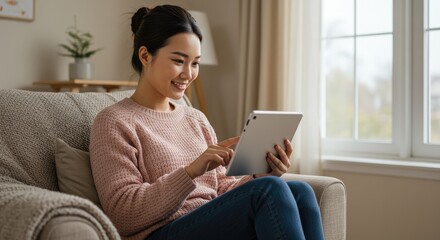 Fototapeta premium Woman using tablet in living room