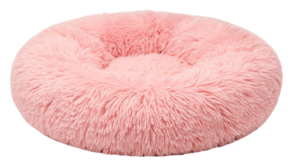 round pet bed, plush pink fur donut cozy comfort isolated on white background