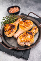 Juicy grilled chicken drumsticks, perfectly charred and bursting with flavor, ideal for a summer barbecue. grey background. top view