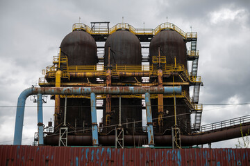 Abandoned Heavy Industrial Ruins with Large Blast Furnace in Steelworks