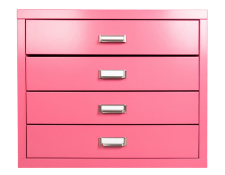 Front View of Pink Filing Cabinet with Silver Handles, Three Drawers, Isolated on Transparent Background